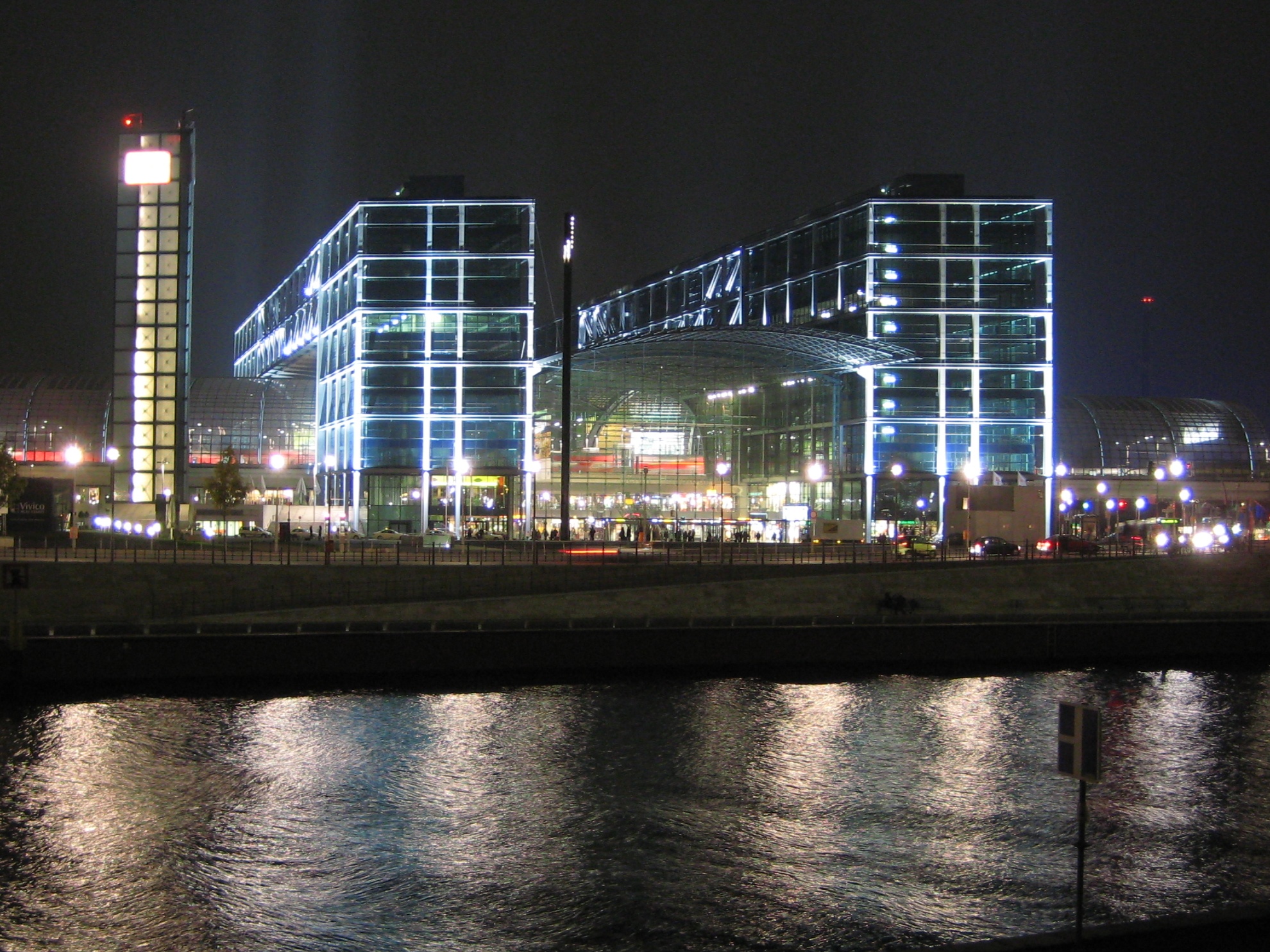 Berlin Hauptbahnhof at night with glass station lights